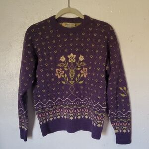 Vintage Glenugie Of Scotland Purple Floral Knit Sweater Size M